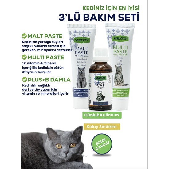 Sernely Sterile Kedi Vitamini, Atni-Hairball Kedi Maltı ve Kedi Maltı 3'lü Set